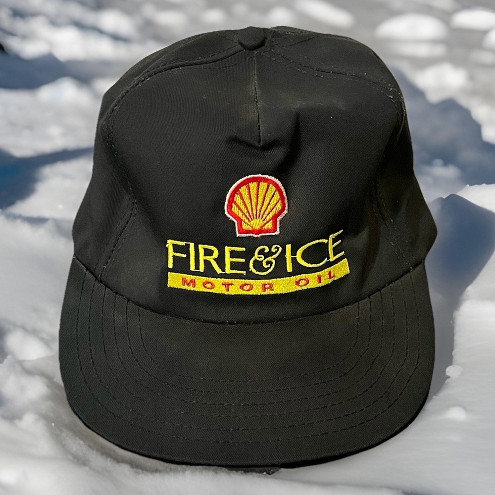 Shell Fire & Ice Motor Oil Baseball Hat Made In USA Snapback Rare Black Vintage
